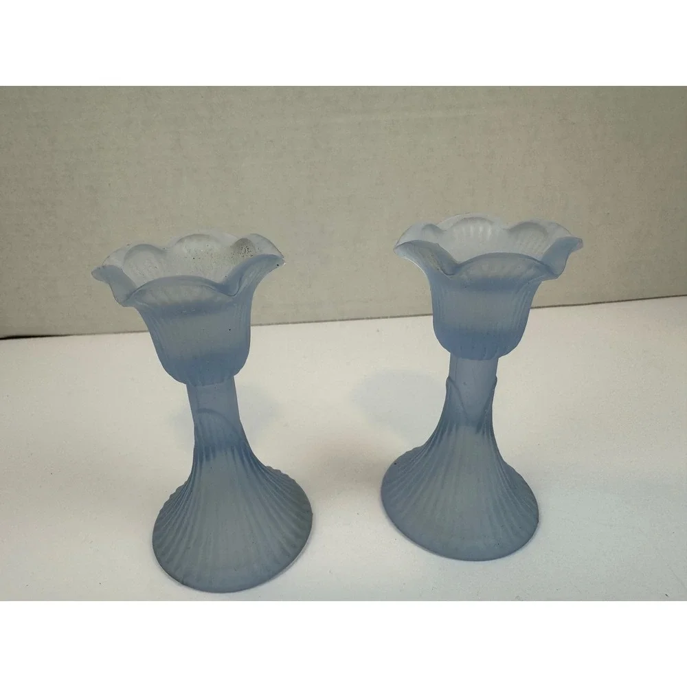 Vintage Frosted Blue Glass Tulip Candlestick Holders Ribbed Pair Set of 2 FLAW